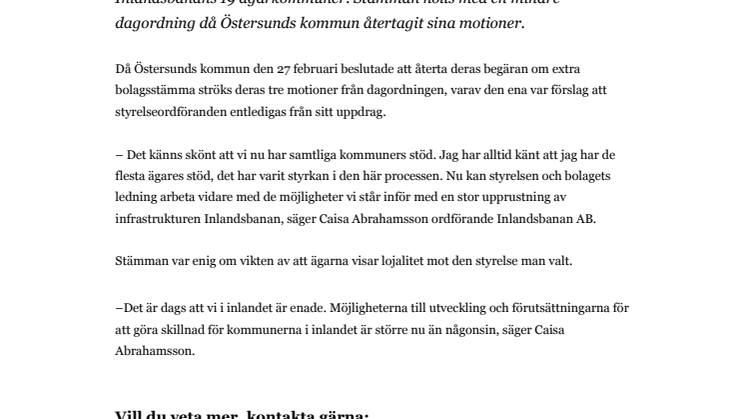 Inlandsbanans ägare eniga i sitt stöd för styrelsen och dess ordförande