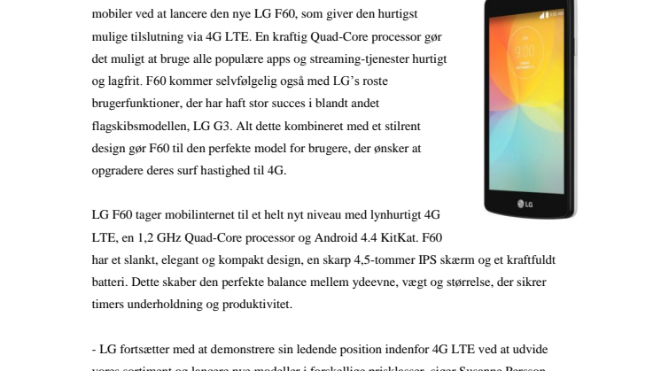 LG LANCERER DEN PRISVENLIGE 4G-MOBIL, F60, SOM ER FYLDT MED SMARTE FUNKTIONER