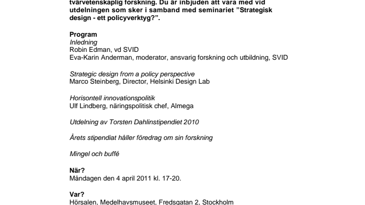 Pressinbjudan: Utdelningen av Torsten Dahlinstipendiet och inspirationskväll om strategisk design som policyverktyg