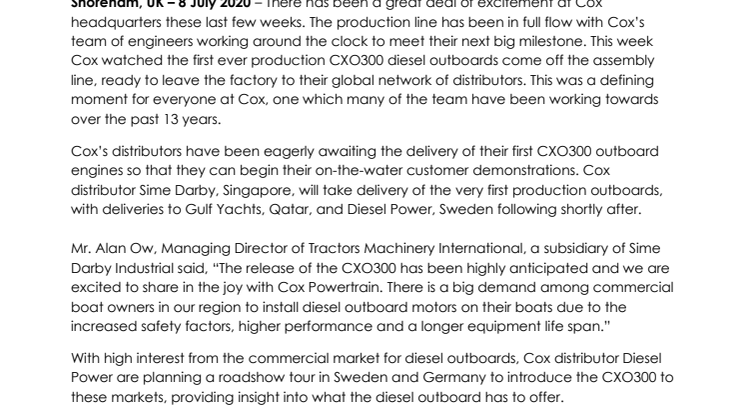 Cox Powertrain celebrates as first 300hp diesel outboards roll off the production line ready for delivery
