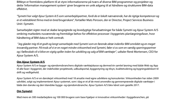 Ajour System A/S og Symetri indgår stærkt samarbejde om udvikling, salg og implementering af BIMeye i Europa