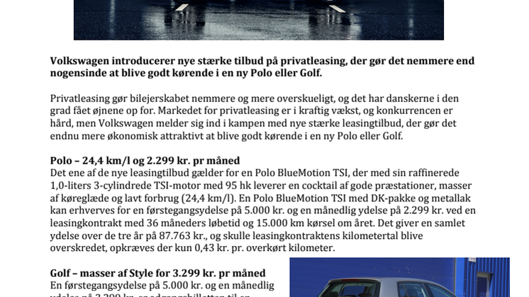 Polo og Golf på privatleasing for 5.000 kr. i førstegangsydelse
