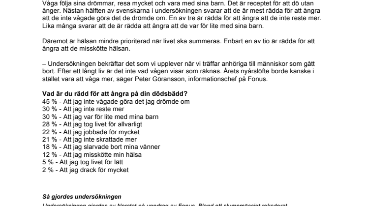 Vad svensken är mest rädd att ångra på dödsbädden