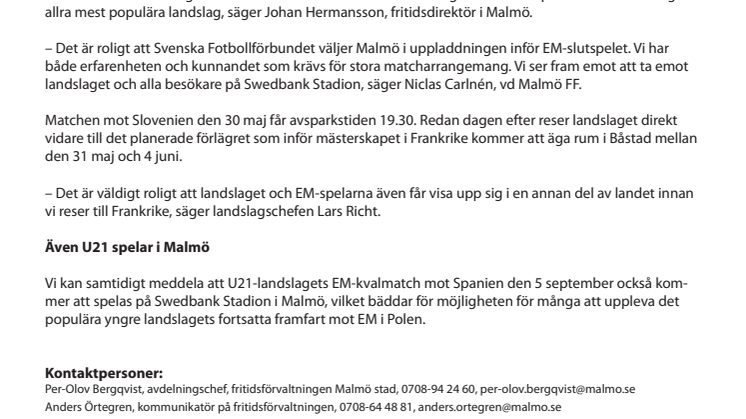 Fotbollslandskamper till Malmö i vår och i höst