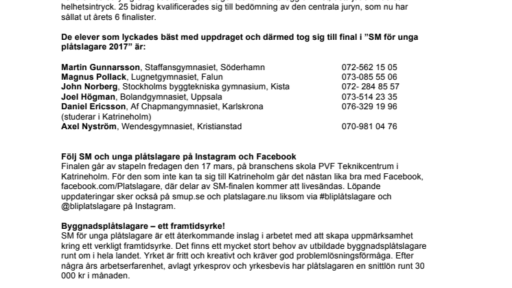 Det här är de 6 finalisterna i ”SM för unga plåtslagare 2017”!