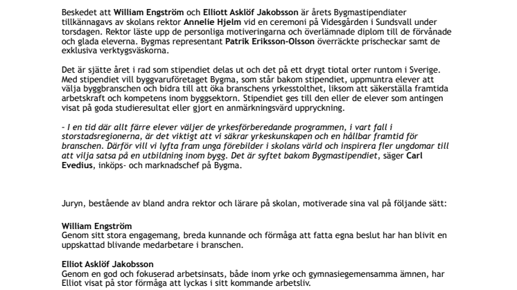 Två elever vid Sundsvalls gymnasium belönade med Bygmastipendiet