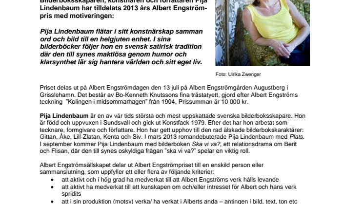 Pija Lindenbaum får Albert Engström-priset 2013 
