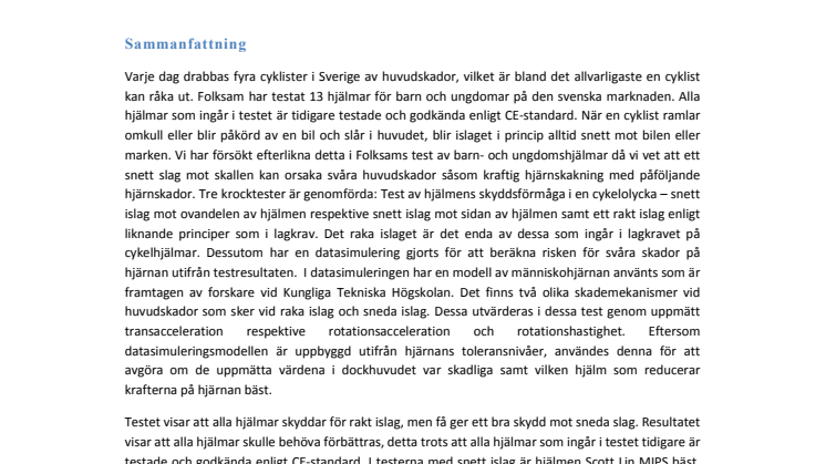 Folksam forskningsrapport - test av barncykelhjälmar 2013