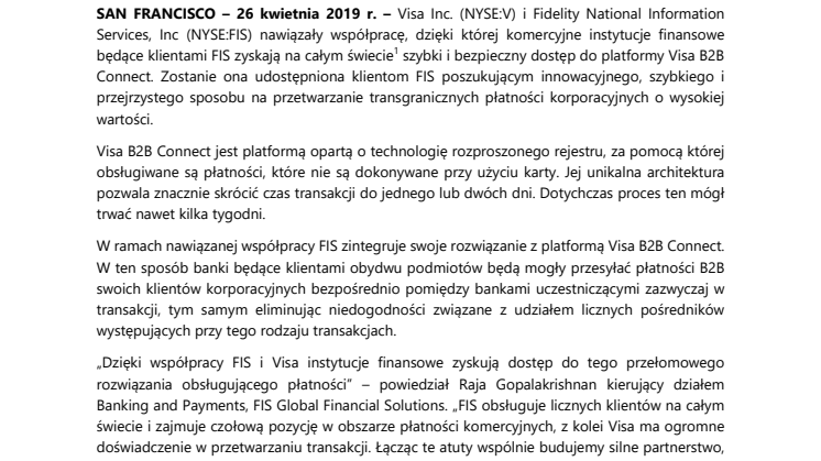 FIS zintegruje swoje rozwiązanie z platformą Visa B2B Connect 
