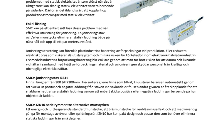 Eliminera statisk elektricitet med joniseringsutrustning från SMC