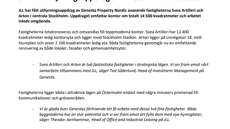 JLL får uthyrningsuppdrag om 14 500 kvm av Genesta 