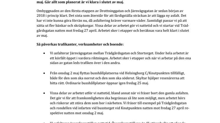 Asfaltering av Järnvägsgatan startar natten mot fredag 27 april