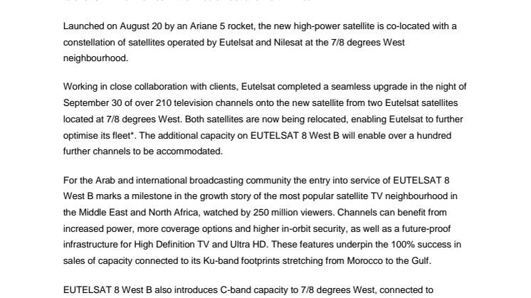 EUTELSAT 8 West B satellite powered up and now in full commercial service