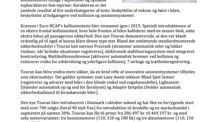 Euro NCAP 2015: ny Touran er den sikreste i klassen
