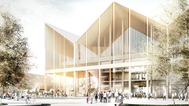 Den publika byggnaden med sitt karakteristiska tak associerar till Jägersros logotyp. Illustration: Arkitekterna Krook & Tjäder.