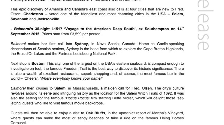 Take a ‘Voyage to the American Deep South’ with  Fred. Olsen Cruise Lines in Autumn 2015