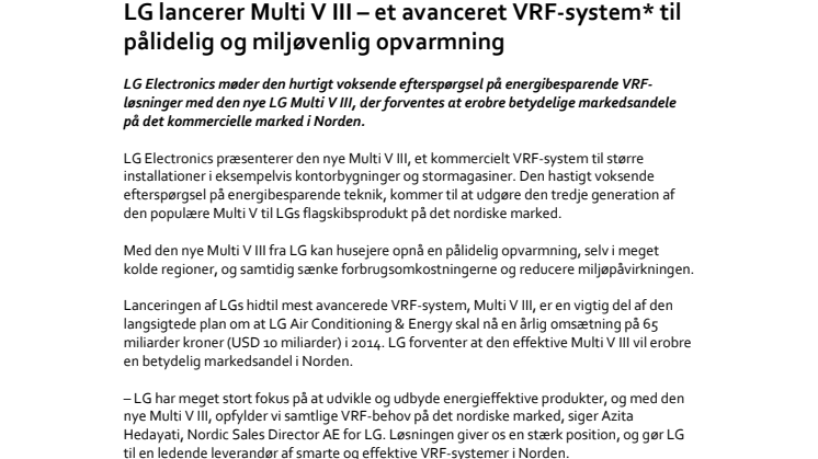 LG lancerer Multi V III – et avanceret VRF-system* til pålidelig og miljøvenlig opvarmning 