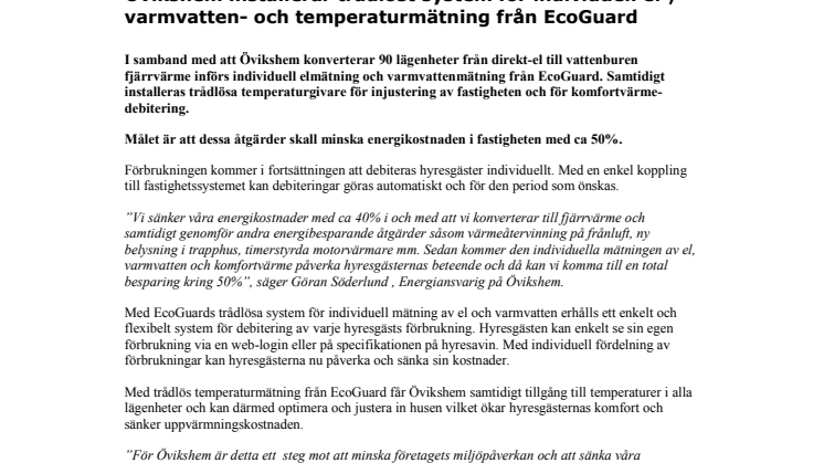 Övikshem installerar trådlöst system för individuell el-, varmvatten- och temperaturmätning från EcoGuard