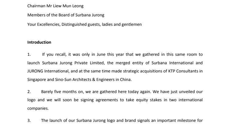 Speech by Mr Wong Heang Fine, GCEO at Brand Launch of Surbana Jurong