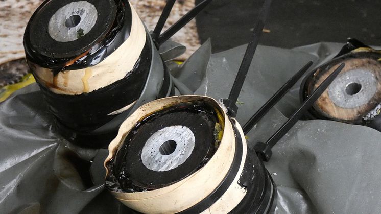 Ölisolierte Kabel vor dem Einsatz biologischer Minihelfer. Bakterien haben mehr als 95 Prozent des Öls aus den Kabeln entfernt.