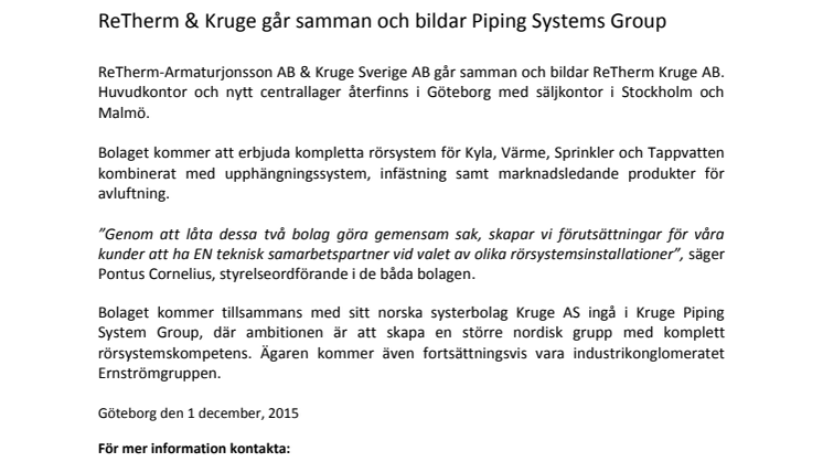 ReTherm & Kruge går samman och bildar Piping Systems Group