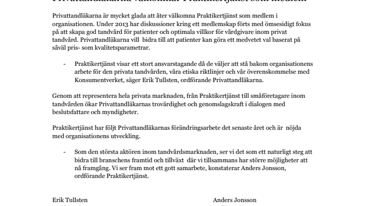 Privattandläkarna välkomnar Praktikertjänst som medlem
