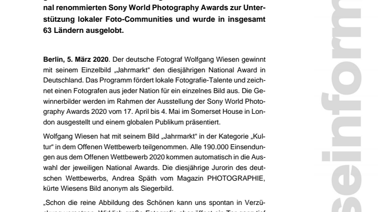 Sony World Photography Awards: Wolfgang Wiesen ist National Award Winner in Deutschland 2020