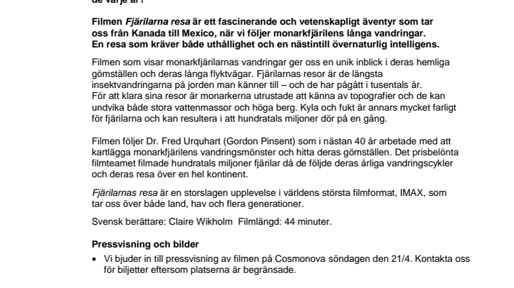 Fjärilarnas resa – premiär på Cosmonova