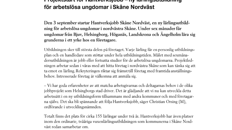 Projektstart för Hantverksjobb – ny lärlingsutbildning för arbetslösa ungdomar i Skåne Nordväst
