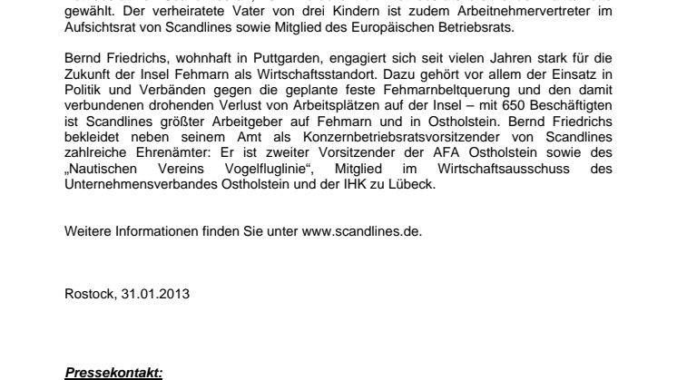 Bernd Friedrichs neuer Konzernbetriebsratsvorsitzender von Scandlines