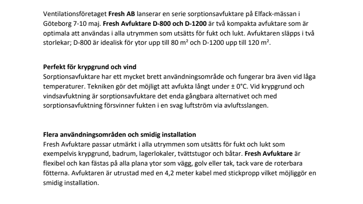 Fresh AB lanserar kompakta avfuktare