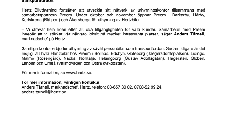 Hertz och Preem utökar samarbetet med fyra nya stationer