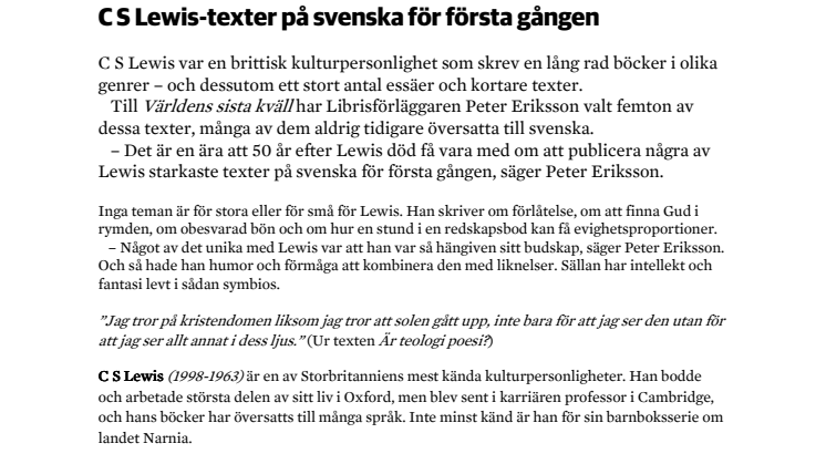 Världens sista kväll - C S Lewis-texter på svenska för första gången