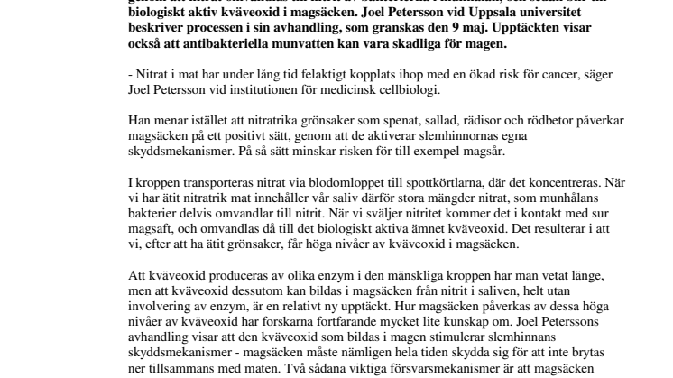 Nitrat i grönsaker skyddar mot magsår