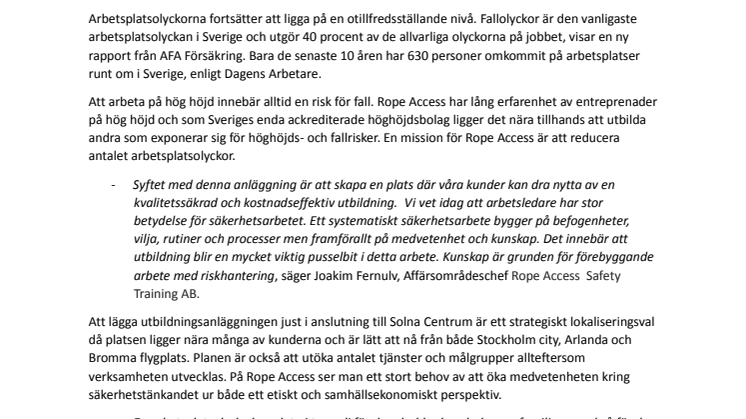 Rope Access Safety Training AB öppnar utbildningscenter med syfte att rädda liv och skapa en säkrare arbetsplats