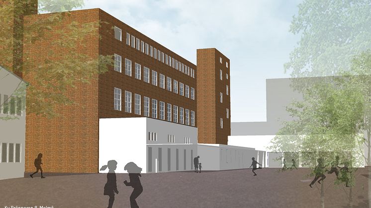 Volymstudie/tidig skiss grundskola, idrottshall och bostäder på Brännaren 8