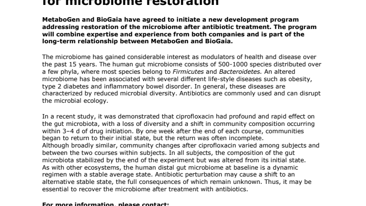 MetaboGen and BioGaia initiates program for microbiome restoration