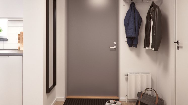 Illustration av interiör, hall, BoKlok-lägenhet 2 rok, 2021/2022.