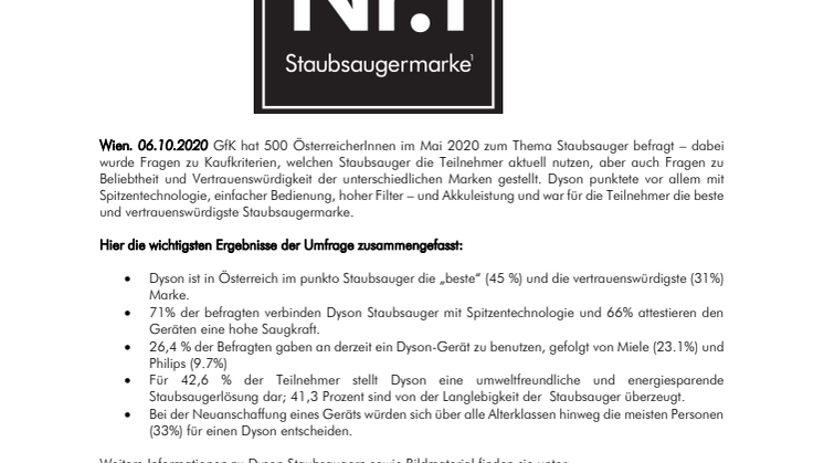 Dyson ist Österreichs beste Staubsaugermarke
