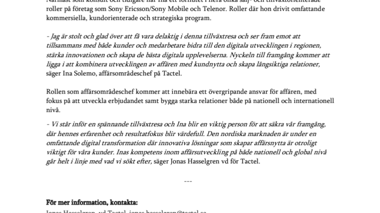 Tactel tillsätter nordisk affärsområdeschef