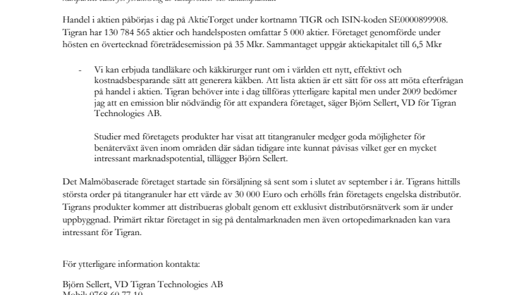 Första handelsdagen för Tigran Technologies AB – handeln påbörjas i dag på marknadsplatsen AktieTorget 