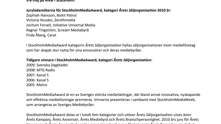 StockholmMediaAward 2010: Kvintetten som utser Årets Säljorganisation 