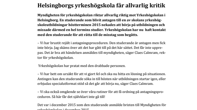 ​Helsingborgs yrkeshögskola får allvarlig kritik