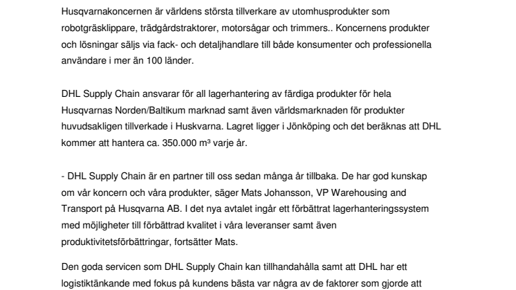 DHL Supply Chain och Husqvarna förlänger kontrakt