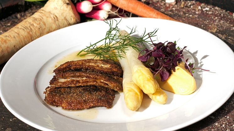 Stekt strömming med vit sparris, örter och potatispuré