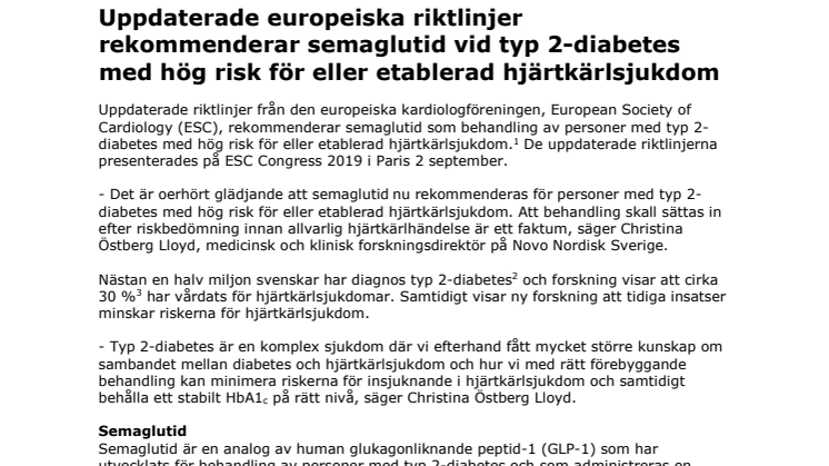 Uppdaterade europeiska riktlinjer rekommenderar semaglutid vid typ 2-diabetes med hög risk för eller etablerad hjärtkärlsjukdom