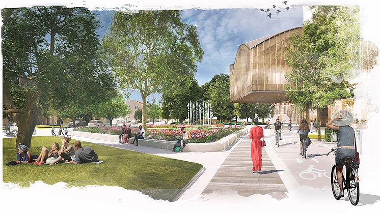 Vy längs med Bjerredsparken vid Lunds centralstation