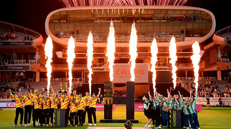 Trent Rockets and Oval Invincibles men's and women's teams celebrate winning The Hundred. Photo: Getty Images