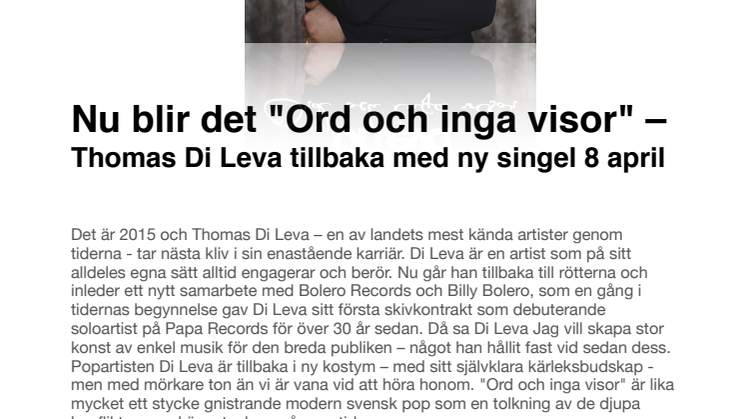Di Leva "Ord och inga visor" ny singel 