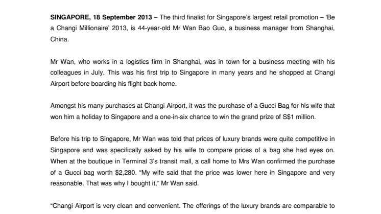 Chinese shopper qualifies as third finalist for Changi Millionaire Grand Draw with luxury bag purchase